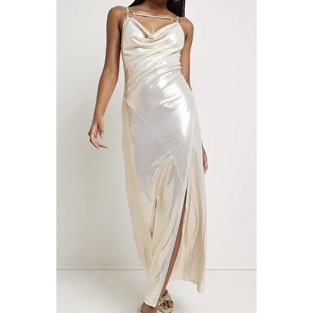 NWT‎ River Island Womens Gold Slip Maxi Dress Sz US 12 Slit Detail Gold Hardware